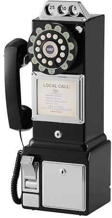 Crosley 1950's Payphone with Push Button Technology, Black, Wall-Mounted Landline Phone, CR56-BK