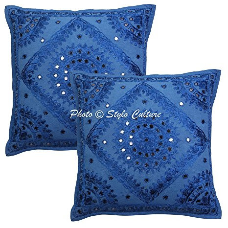Stylo Culture Ethnico Fundas De Cojines Decorativos 40x40 cm Algodón Espejado Fundas Almohadones Cama Azul 16x16 Inch Bordado Cuadrado sobre Fundas para Los Cojines del Sofa - 2 Pcs