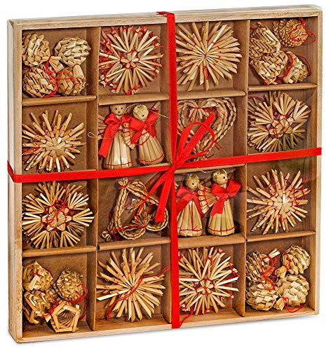 BRUBAKER 48-teiliges Set Strohsterne Weihnachtsbaumschmuck aus Stroh - bis zu 6,5 cm große Sterne Herzen Engel