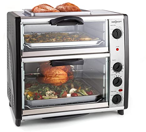 oneConcept All-You-Can-Eat double oven - electric oven, two separate baking chambers, 42 litres total capacity, grill plate, 2400 W, adjustable temperature: 60-240°C, stainless steel, silver