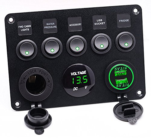 Etrogo 5 Gang Kippschalter Panel mit Dual USB Steckdose ät 4.2A + Wasserdicht LED Voltmeter +Zigarettenanzünder für 12V Auto Boot Marine LKW SUV Baufahrzeug (Grün)