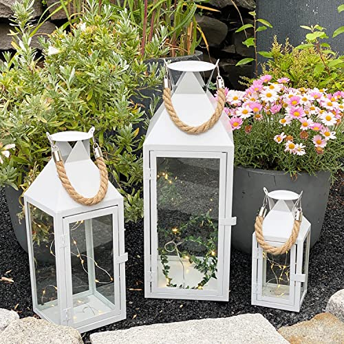 Mojawo® 3er Set XXL Gartenlaterne Metall Windlicht Laternen Kerzenhalter Set Höhe 25/40/51cm mit Seilgriff weiß