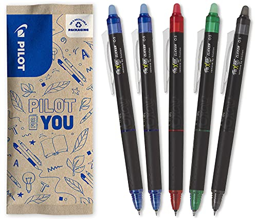 Pilot – 5er-Set Frixion Point Clicker – Tintenroller 0.5 mm mit löschbarer, thermosensitiver Tinte – 2 Blau, je 1 Schwarz, Rot, Grün – Tintenroller mit feiner Spitze – nachfüllbar – Zauberstift
