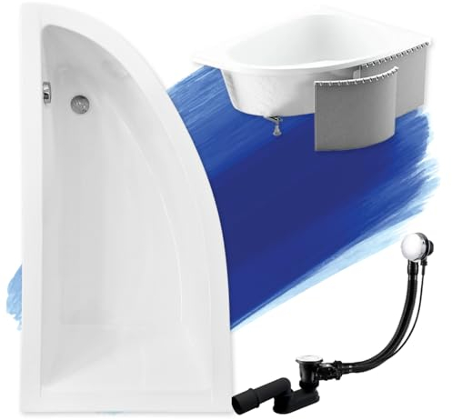 BADLAND Badewanne Original Weiß Acryl Wanne Eckbadewanne PRAKTIKA 140x70 Links KOMPLETTSET SET mit Premium Styroporverkleidung + Füßen und Exklusive Chrom Automatik Ablaufgarnitur Made in EU 4in1