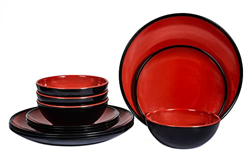 Webbylee Melamine Dinnerware Set - 12pcs dinnerware set Indoor and Outdoor use, Plates and Bowls Set for 4, Two-color Design Dishes, Dishwasher Safe (Red+Black)