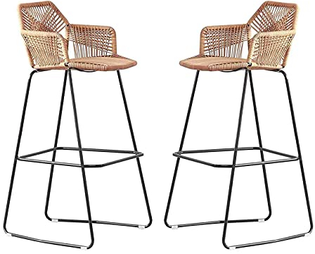 Rattan Barhocker 2er Set, Rattan Barhocker mit Rückenlehne & Metall Fußstütze Korbstuhl für Theke Gartenküche