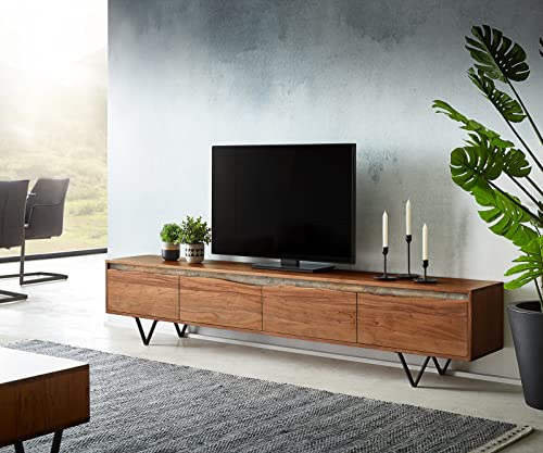 DELIFE TV-Board Stonegrace Akazie Braun Baumkante 220 cm 4 Türen V-Fuß Schwarz Lowboard