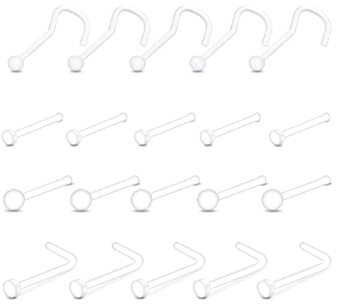 20 Pcs Clear Nose Stud, 4 styles of Acrylic Invisible Bone Studs Retainers for Daily Work Body Piercing