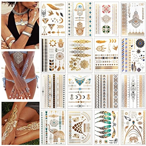 LUZOON Gold Tattoo Temporäre 16 Blätter 140+ Tattoos Metallic Flash Tattoos Wasserdichte Klebe Tattoo für Festival und Party Accessoire