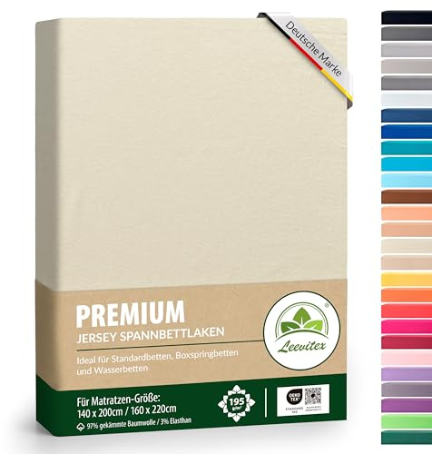 Premium Spannbettlaken, extra schwer und dick, 97% Mako-Jersey-Baumwolle und 3% Elasthan, auch Boxspringbett geeignet, 140 x 200-160 x 220 cm, Cremé/Naturweiß