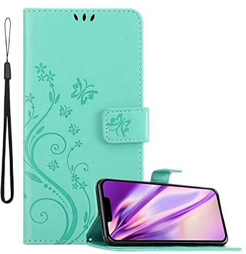 Cadorabo Hülle kompatibel mit Apple iPhone 14 Blumen Design aus Premium Kunst Leder Flip Klappbare Stoßfeste Magnetische [Standfunktion] [Kartenfächern] Cover Hülle für iPhone 14 Tasche in Türkis