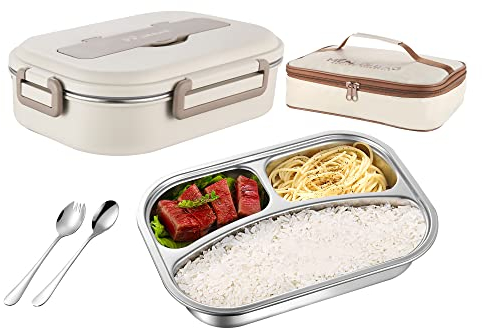 Lunchbox, 1000 ml, Edelstahl, Bento-Box, vielseitige tragbare Lunchbox mit 3 Fächern, Salat-Lunchbehälter für Erwachsene/Kinder, mit Löffel, Gabel, Thermosbeutel, Zubehör (cremeweiß)