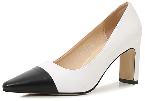 WOkismD Zapatos de tacón Medio Grueso para Mujer, Zapatos de tacón con Punta Cerrada, Color Blanco y Negro, Tacones Altos a Juego, Vestido de Boda, Zapatos de Oficina sin Cordones,Blanco,40