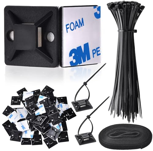GOLDEROC Cable Ties Set, 100Pcs Black Cable Ties, 70Pcs Self Adhesive Cable Clips Cable Holders Pads, Zip Ties Mount Base with 2.5m Double Sided Reusable Nylon Sticky Tape for Home Office Workshop