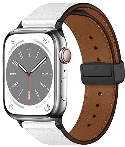 DMVEIMAL Cuero para Correa Apple Watch 44mm 40mm 45mm 41mm Series 8/7 iWatch se 6 5 4 3 42mm 38mm hombr/Mujer,Bracelet Piel Genuina Magnética Pulsera Apple Watch Ultra 49mm Band Strap,Blanco