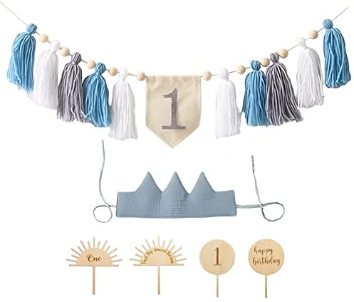 Baby Geburtstag Dekoration Set - 1. geburtstag junge Mädchen, 1. Geburtstagsdeko Kindergeburtstag deko Mit Crown Hut, Cake Topper und Banner (Blau)