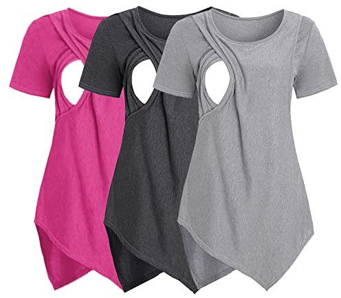 IQYU Umstandsmode Pullover Lustig Damen Umstands-T-Shirt mit kurzen Ärmeln, Rundhalsausschnitt, einfarbig, asymmetrisch, Klappe, Stilloberteil, zum Stillen Hemd Schwarz Gestreift
