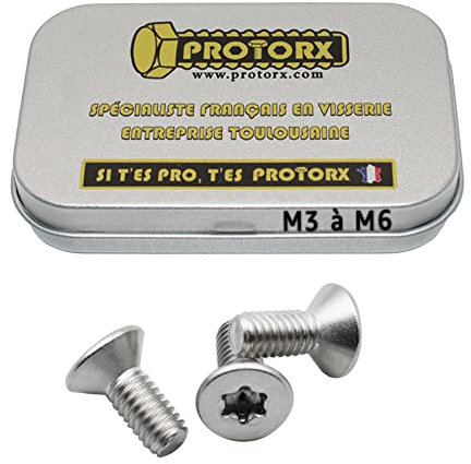 Vis Torx Tête Fraisée M4 x 10mm : Boîte 30 Pcs pour Rondelles Métal Écrou | Inox Acier A2 Anti-Rouille | DIN 965 | Boîte Rangement PROTORX