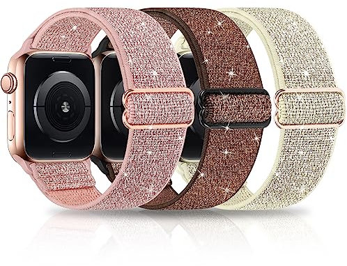 Lot de 3 bracelets à paillettes compatibles avec Apple Watch 38 mm, 40 mm, 41 mm, 42 mm, 44 mm, 45 mm, 49 mm, en nylon tressé élastique pour iWatch Series Ultra 8 7 SE 6 5 4 3 2 1