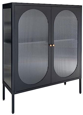 House Nordic Vitrine Noire avec Porte en Verre ondulé 90 x 35 x 110 cm