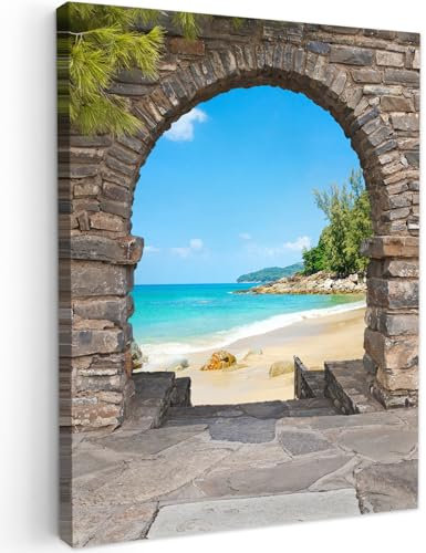 MuchoWow© Bild auf Leinwand 60x80 cm Schlafzimmer Bilder Wand Deko Wohnzimmer Modern Wanddeko Bilderwand Geschenk Fensterblick - Strand - Tropisch - Sommer