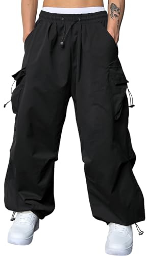 JMIERR Men's Casual Lounge Travel Parachute Pants Wide Leg Trousers Beam Feet Harem Baggy Sweatpants Cargo Streetwear Pants for Fall Essentials Clothes Trendy Street Wear,L, Black