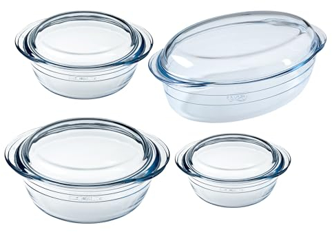 Ôcuisine® Casserole Glass Round Dishes with Handles Oven Safe - Freezer Safe - Microwave Safe Borosilicate Glass Made in France (Set Round 1.4LT + 2.1LT + 3LT & Oval 4LT)
