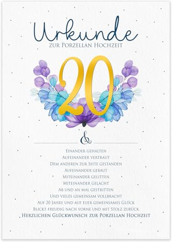 maloOo Geschenke Urkunde zum 20. Hochzeitstag Geschenk Porzellan Hochzeit | Personalisierte Karte DIN A4 | Geschenkidee Porzellanhochzeit Jubiläum Glückwunschkarte