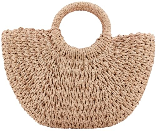 GORGECRAFT Stroh-Einkaufstasche Halbkreisförmige Strohtasche Sommer-Einkaufstasche Umhängetasche Handgefertigt Große Stroh-Einkaufstasche Damen-Strandtasche Aus Rattan Gewebt Runde Handtasche Urlaub