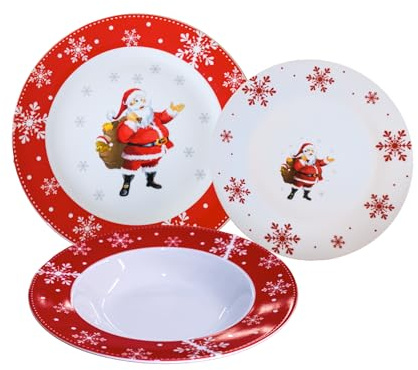Omniacasa Set di 36 Piatti Porcellana di Natale Per 12 Persone Con Decoro Babbo Natale Fiocchi Di Neve