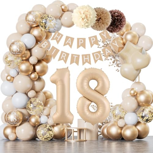 18 Geburtstag Deko Mädchen Junge, Geburtstagsdeko 18 Beige Gold Ballon Deko mit Happy Birthday Banner, Deko 18. Geburtstag Luftballons für Frauen Mann 18 Jahr