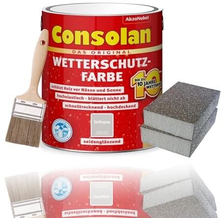 Consolan Wetterschutzfarbe Set 2,5 l Holzfarbe Dauerschutz Deckend mit Zubehör (Delfingrau)