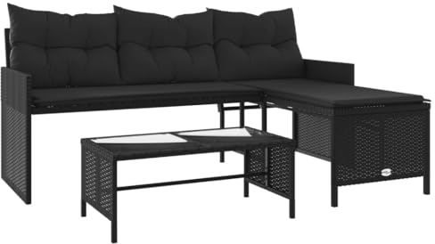 vidaXL Gartensofa in L-Form mit Tisch Kissen, Outdoor Sofa Terrassensofa, Garten Sofagarnitur, Gartenmöbel Sitzgruppe, Schwarz Poly Rattan