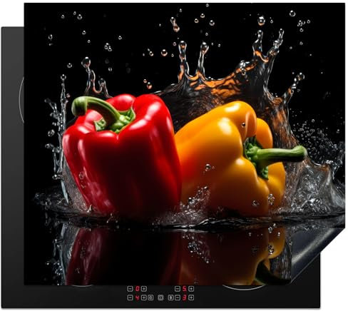KitchenYeah© Herdabdeckplatte Einteilig Küche Ceranfeld Abdeckplatte Cerankochfeld Abdeckung Induktionskochfeld Schutzmatte Paprika - Wasser - Schwarz - Gemüse - Rot - Gelb - 59x52 cm