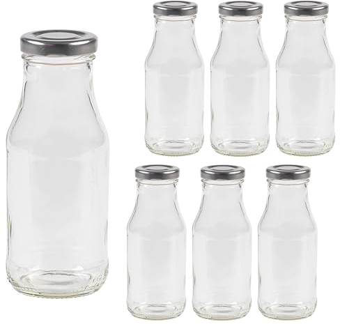 Vitrea 6 Empty Glass Bottles 263 ml Screw Cap Silver - Milk Bottles, Juice Bottles, Small Bottles for Filling with Lid - for Milk, Juice, Smoothies, Oil - Pack of 6, TO43