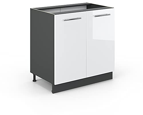 Vicco Spülenunterschrank Fame-Line, Weiß Hochglanz/Anthrazit, 80 cm mit Regal, AP Anthrazit