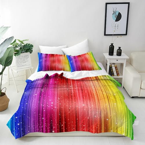 ANHOPE Bunte Regenbogen Streifen Bettwäsche Set Microfaser Bettbezüge mit Reißverschluss 2 Teilig Bettbezug 135x200 cm + Kissenbezug 80x80 cm Weich Bettdeckenbezug Set für Kinder Mädchen