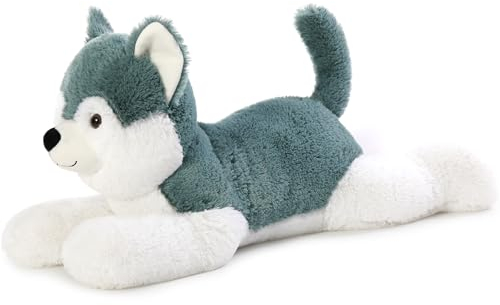 MorisMos 72cm Husky liegend Hund Kuscheltier XXL, Dunkel Blau riesen Plüschhund Stofftier,Geburtstag Geschenk Kinder Baby