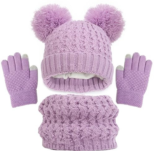 WANYI Mütze Schal Set Mädchen, Wintermütze Kinder Beanie Mütze Schal Handschuhe Set Mützen Jungen Warme Bommelmütze Strickmütze mit Weichem Innenfutter für Kinder 1-6 Jahre (Lila)
