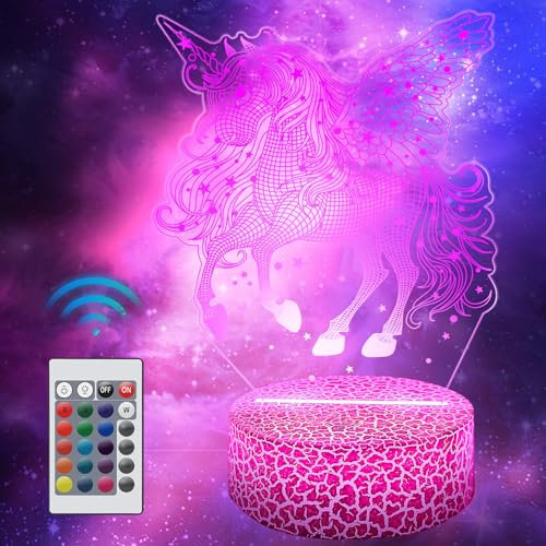 Polemera Einhorn Nachtlicht Geschenke für Mädchen Kinder, 3D Illusion Einhorn Lampe mit 16 Farben ändern Durch Fernbedienung, Geburtstag Weihnachten Geschenke