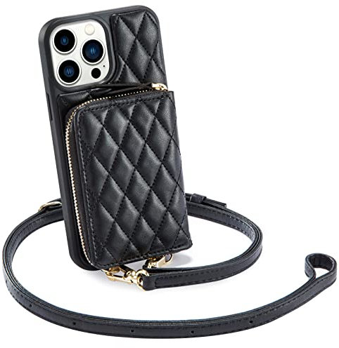 CUSTYPE für iPhone 16 Pro Hülle mit Band,Geldbörse Hülle aus Mikrofaserleder, Handykette Hülle für iPhone 16 Pro Schwarz 6,3”