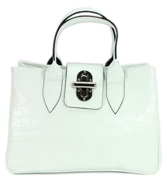 Belli Echt Leder Handtasche italienische Damen Ledertasche Umhängetasche Henkeltasche in weiß lack kroko - 36x25x18 cm (B x H x T)