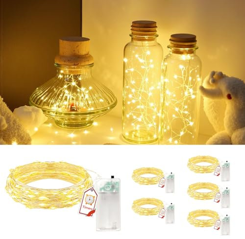 YYAQZD 6PCS Cadena de luces LED con temporizador, 2M20LED, funciona con pilas, cobre, iluminación navideña para habitaciones, interiores, Navidad, exteriores, fiestas, bodas, bricolaje
