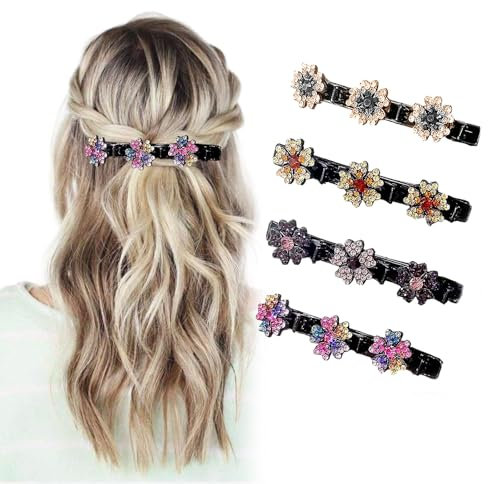 DOINEUFL 4 horquillas para el pelo con piedras de cristal brillantes, pinzas de doble capa para el pelo con diseño de colibrí con flor de cristal, pinzas para el pelo elegantes para mujeres y niñas