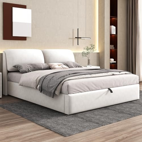 ANIROY Polsterbett 180x200cm, Doppelbett mit 3 Schubladen, Hydraulisches Stauraumbett, Bettgestell mit Lattenrost, ohne Matratze, Samt, Weiß