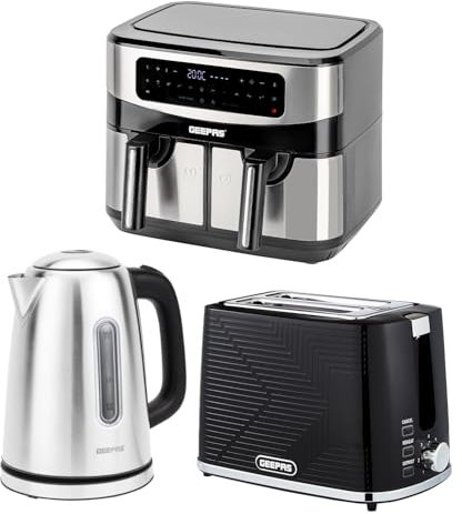 Geepas 1.7L Illuminating Electric Kettle 2 Slice Bread Toaster & 9L Dual Zone Air Fryer Combo Kitchen Set | 2200W Stainless Steel Cordless Jug Kettle | 900W Toaster | Oil Free Dual Basket Air Fryer
