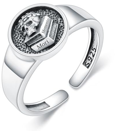 PROESS Memento Mori Ring 925 Sterling Silber Skull Verstellbarer Offener Ringe Totenkopf Ring Memento Mori Schmuck Geschenk für Damen und Herren(Größe 9)