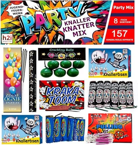 h2i Knaller Knatter Premium Mix | 157 Teile | 8fach Sortiert & handverlesen| Partyspaß für Klein & Groß I für Silvester Halloween & Partys | Kinder & Jugendfeuerwerk | m | Ganzjahresfeuerwerk Kat. F1