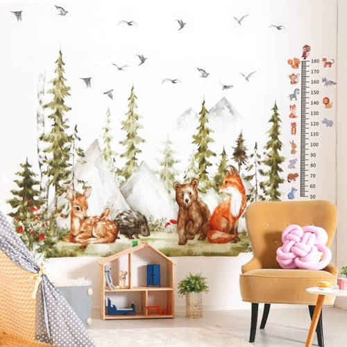 Zaxiva 2PCS Wandtattoo Waldtiere Kinder Höhe Diagramm Wandaufkleber Bär Hirsch Fuchs Baum Safari Wandsticker Kinderzimmer Babyzimmer Wohnzimmer Wanddeko