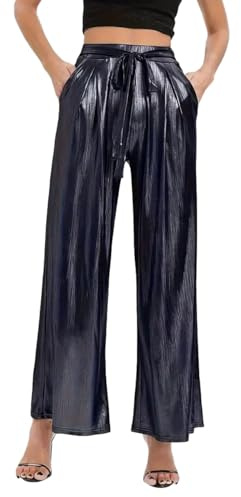 EMOTTOS Damen Glänzend Metallic Hose, Pailletten Weites Bein Hohe Taille Streetwear mit Gummibund, Mode Holographische Farbe Locker Hose mit Taschen für Nachtclub Party, Schwarz/Gold, S-XL